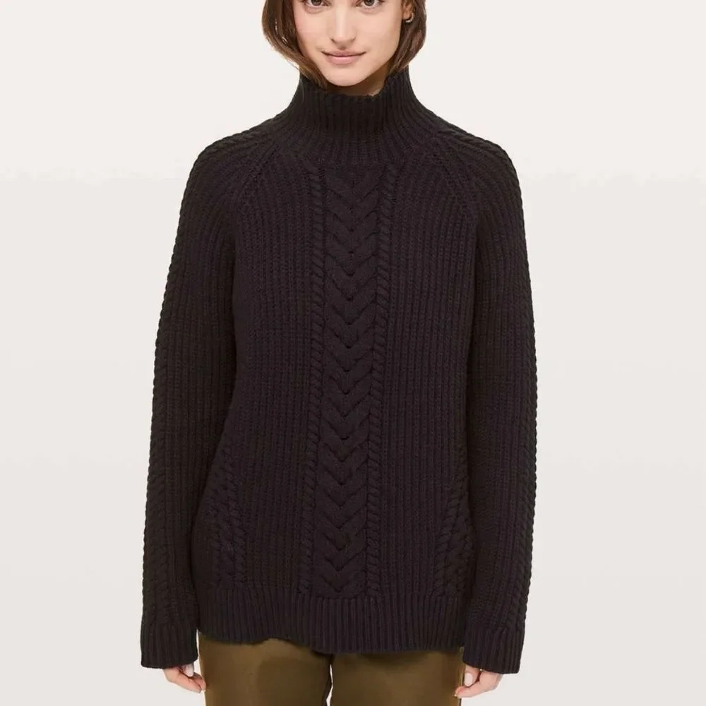 lululemon athletica Bring The Cozy Black Cable Knit TurtleNeck Sweater Sz. 8